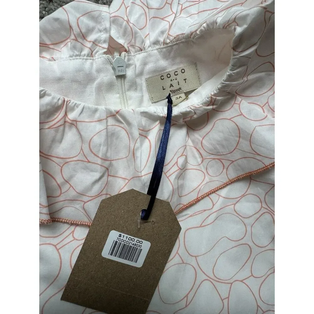 NWT Coco Au Lait White Orange Circle Ballon Skirt Dress Ruffle Neckline Size 3Y